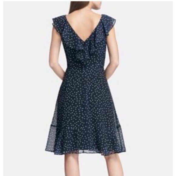 DKNY Dress Navy Blue Ivory 10 Polka Dot Flutter Sleeve A Line Flowy Summer - Picture 2 of 9